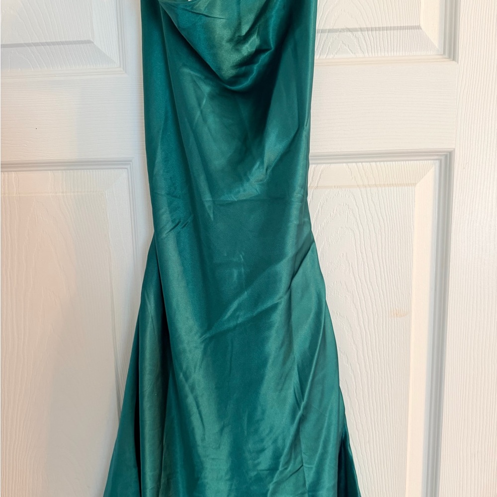 Beginning Boutique Teal Satin Evening Gown